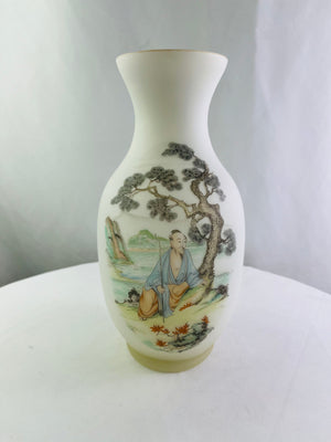 Norleans Italy Frosted Satin Glass Vase Asian Hand Painted Vintage MCM 12.75"