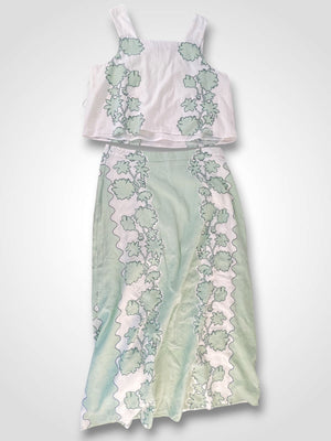 Crown & Ivy Jade Floral Linen Top & Skirt Set Womens XL 16 Green White 2 Pc NWT
