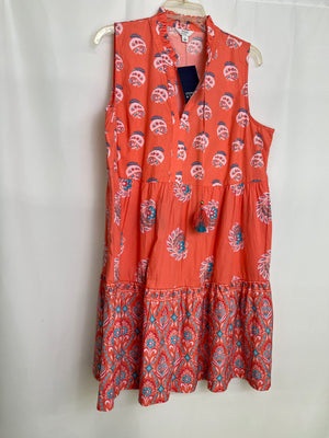 Crown & Ivy Coral Paisley Dress Women's Large NWT Ruffle Neck Spring Summer