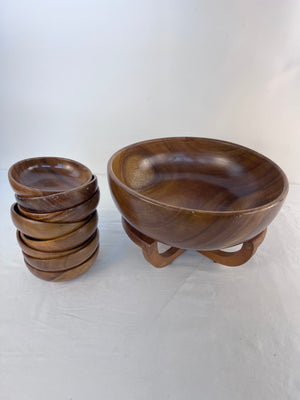 VTG 10 Piece Genuine Monkey Pod Wooden Set Serving Salad Bowl, 8 Bowls, Stand