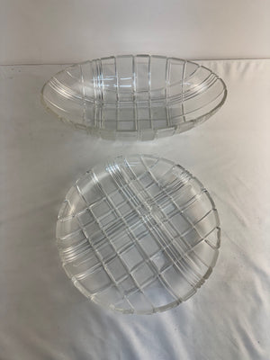 Vtg Mikasa Stratton Crystal Clear Frosted Plaid 2 Pc Set Oval Bowl Divided Tray