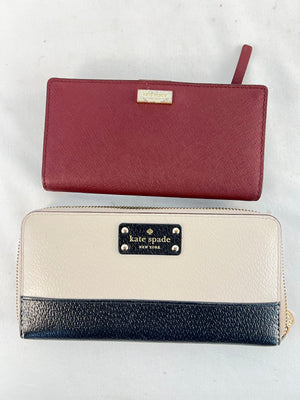 Kate Spade New York Bifold & Zip Around Leather Wallet Lot Set 2 Burgundy Beige