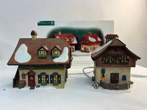 Dept 56 Alpine Village Bauernhof Drescher Farmhouse Barn Set of 2 56229 Lighted