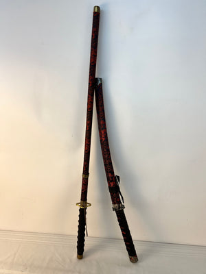 Japanese Wakizashi & Tanto Katana Ornamental with Red Flowers & Dragon Sheath