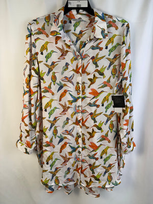 John Mark Colorful Hummingbird Print Long Sleeve Blouse Large