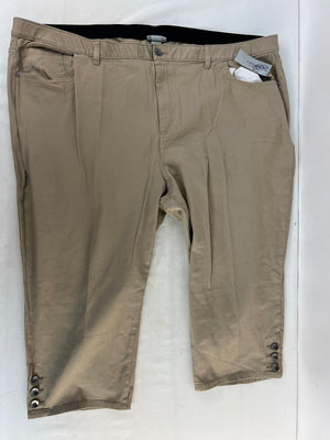 Catherines Womens 32W Tan Beige Elastic Waist Button Ankle Capris Pants NWT