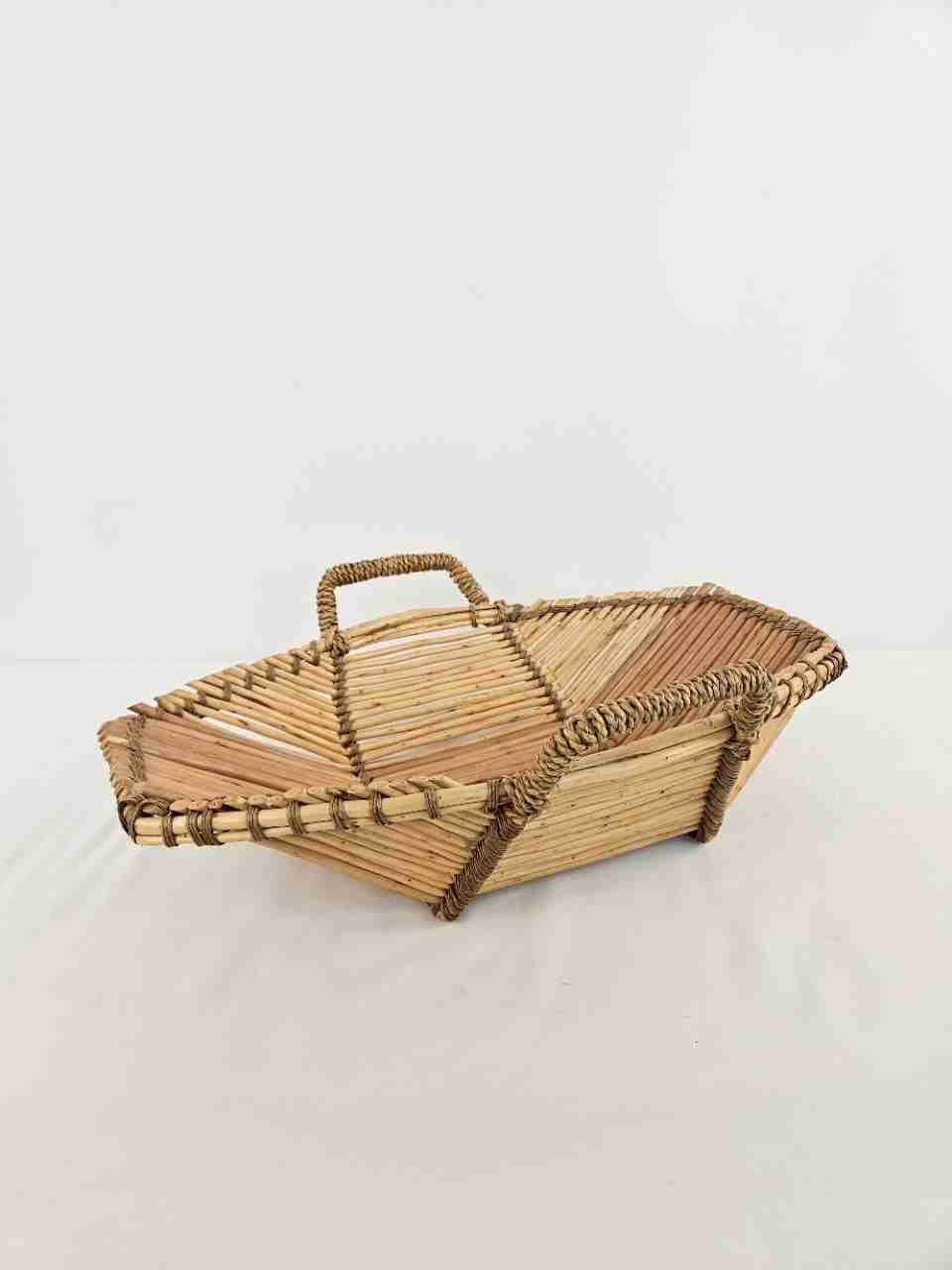 Boat-Shaped Brown Basket W/ Handles Long Wicker Woven