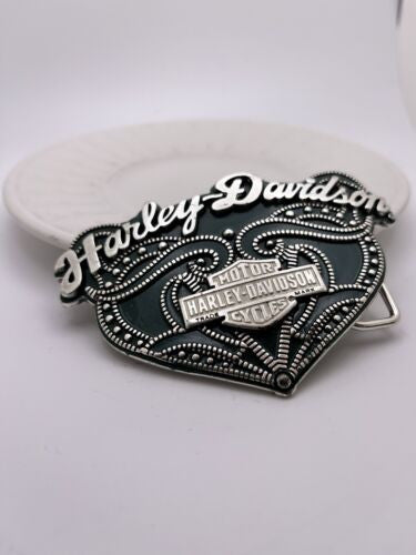 Rare Harley-Davidson HD Dark Green Enamel Set in Silver tone Metal Heart