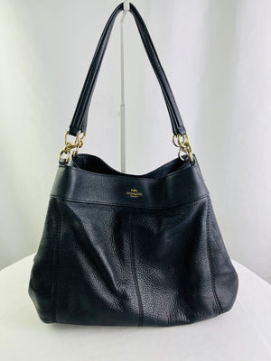 Coach Lexy Black Pebbled Leather Hobo Chain Link Shoulder Tote Bag | F28997