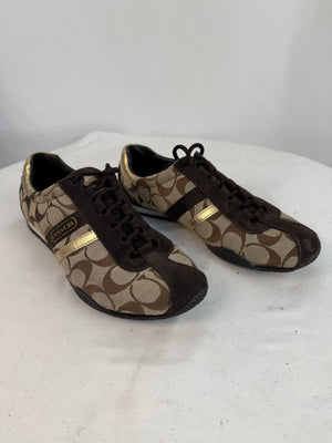 Coach Katelyn Signature Sneakers Women’s 7.5M Brown Gold Suede Canvas Q300 Y2K