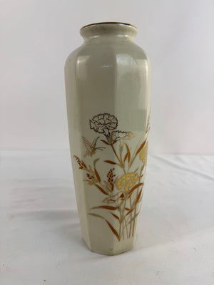 Vintage Japanese Octagonal Ceramic Vase Large 11" Floral Butterfly Gold Rim 70s