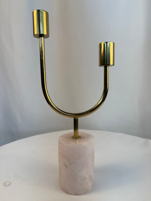 2 Candle Candelabra U Shaped Gold Metal Set On Marble Base 13.5 in. Tall