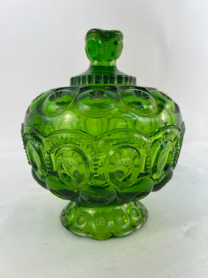 Vintage L.E. Smith Moon and Stars Emerald Green Glass Lidded Candy Dish Compote