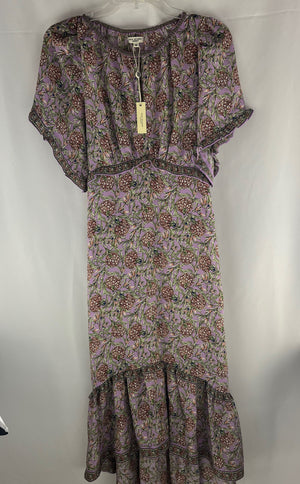 Max Studio Women Ruffle Collar Print Tiered Maxi Dress Purple/Green Size XS New