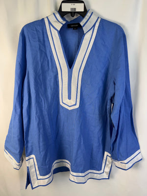 NWT Karen Kane The St Tropez Tunic Blouse M Medium Blue White Linen Blend Shirt