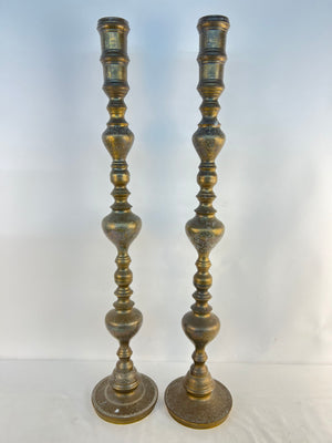 Vintage Pair 36" Brass Etched Floor Candlesticks Tall Altar Candle Holders