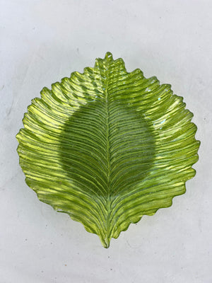 Vintage Green Leaf Shaped Salad Plate Candy Dish Reverse Painted