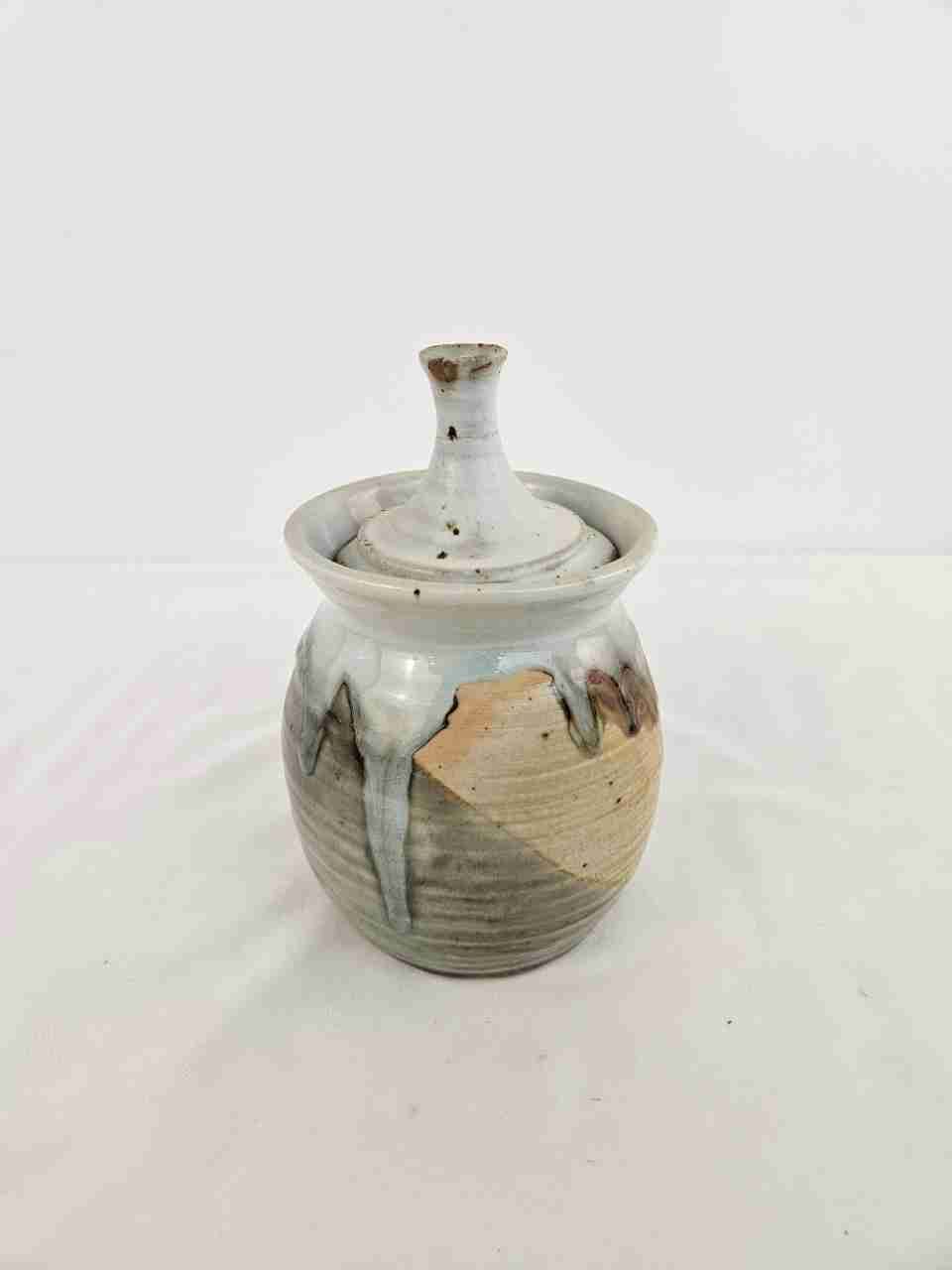 Drip Glaze Blue & Brown Stoneware Pottery Lidded Jar/ Canister