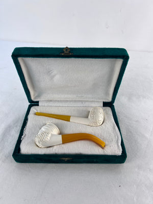 Vintage Hand Carved Meerschaum Tobacco Smoking Pipes in Velvet Case Set of 2