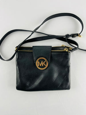 Michael Kors Fulton Black Pebbled Leather Crossbody Gold Hardware