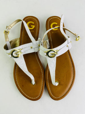 G by Guess Lester-R White Embossed T Strap Sandals Women's 10M