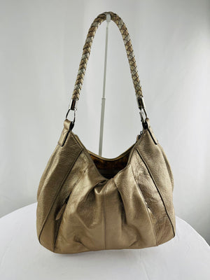Tignanello Gold Metallic Pebbled Leather Zip Top Braided Strap Hobo Handbag