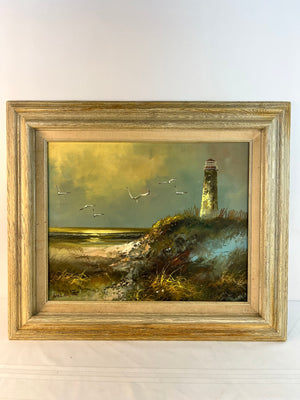 Original Oil Painting Karl Neumann Vintage Seascape Ocean Lighthouse Seagulls