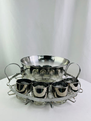 Queen's Lusterware Silver Fade Punch Bowl Set 8 Lowball Glasses w/ Caddy Vtg MCM
