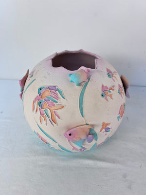 Vintage Studio Art Pottery Ocean Fish Vase 3D Turtle Round Sphere Pastel Signed