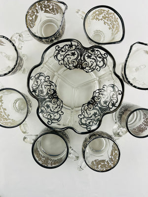 Art Deco Silver Floral Overlay Divided Dish & Cream & Sugar Set of 9 Pieces