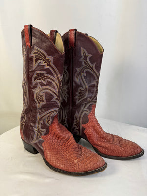 Vintage Larry Mahan Python Snakeskin Cowboy Boots Red Maroon Mens 7 B LMM8808