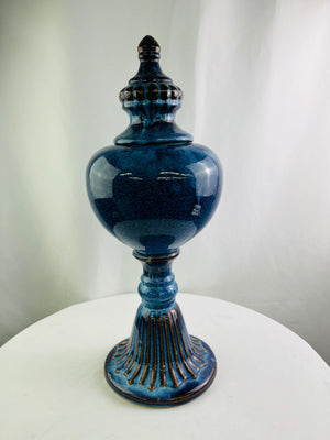 Vibrant 22" Large Blue Drip Glaze Ceramic Urn Jar with Lid XL Floor Vase Vintage