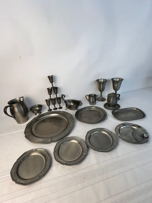 Vintage International Pewter Lot of 20 Pieces Plates Pitcher Gravy Boat Chalices