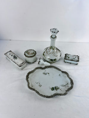 Antique Victorian Milk Glass Dresser Vanity Set Dithridge Decanter Trays Jars