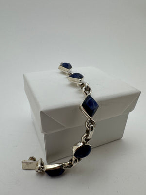 Taxco Mex 925 Sterling Silver Lapis Lazuli Bracelet 22.4g Heart Diamond 7.5 in