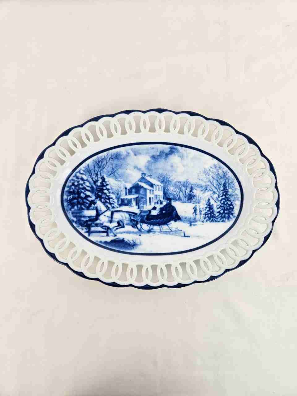 Blue & White Reticulated Platter Winter Sleigh Scene 17"