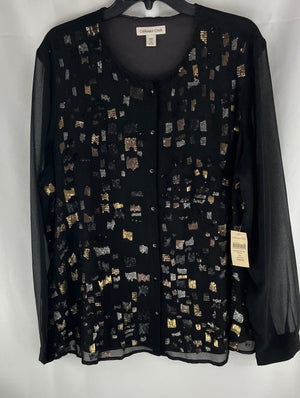 Coldwater Creek Women's Black Button Up Gold Silver Sequins Blouse Size 2X NWT