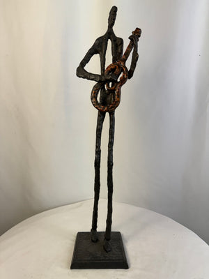 VTG Giacometti Style Brutalist Guitar Player Metal Sculpture MCM 25" Statue