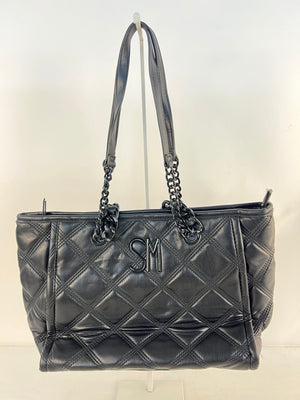 Steve Madden Black Quilted Faux Leather SM Logo Chain Tote Shoulder Handbag