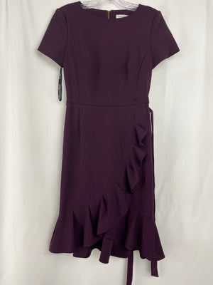 Calvin Klein Short Sleeve Deep Plum Crepe Stretch Belted Faux Wrap Dress Size 2