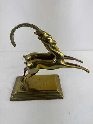 VTG 1970s Brass Leaping Gazelles Statue, MCM Hollywood Regency Ibex Figurine