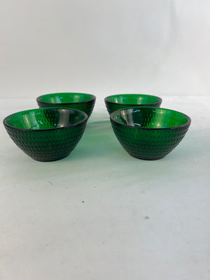 Set 4 Vintage Emerald Green Glass Textured Berry Bowls Small Dessert Dishes 4"
