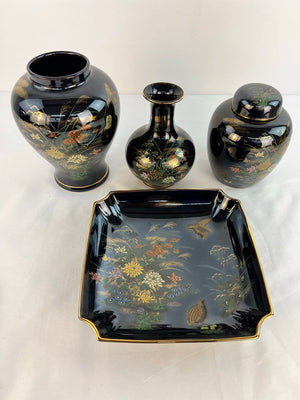 Vtg Porcelain Black w/ Gold Accents Quail & Flowers Andrea By Sadek Lot of 4pcs