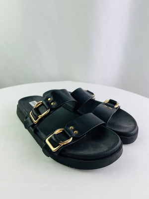 Steve Madden Hanni Double Band Black Slide Sandals Size 9.5M Flat Shoes