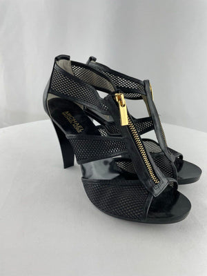 Michael Kors Black G Mesh T Strap Zipper Sandal Heel Pumps Women's Size 8M