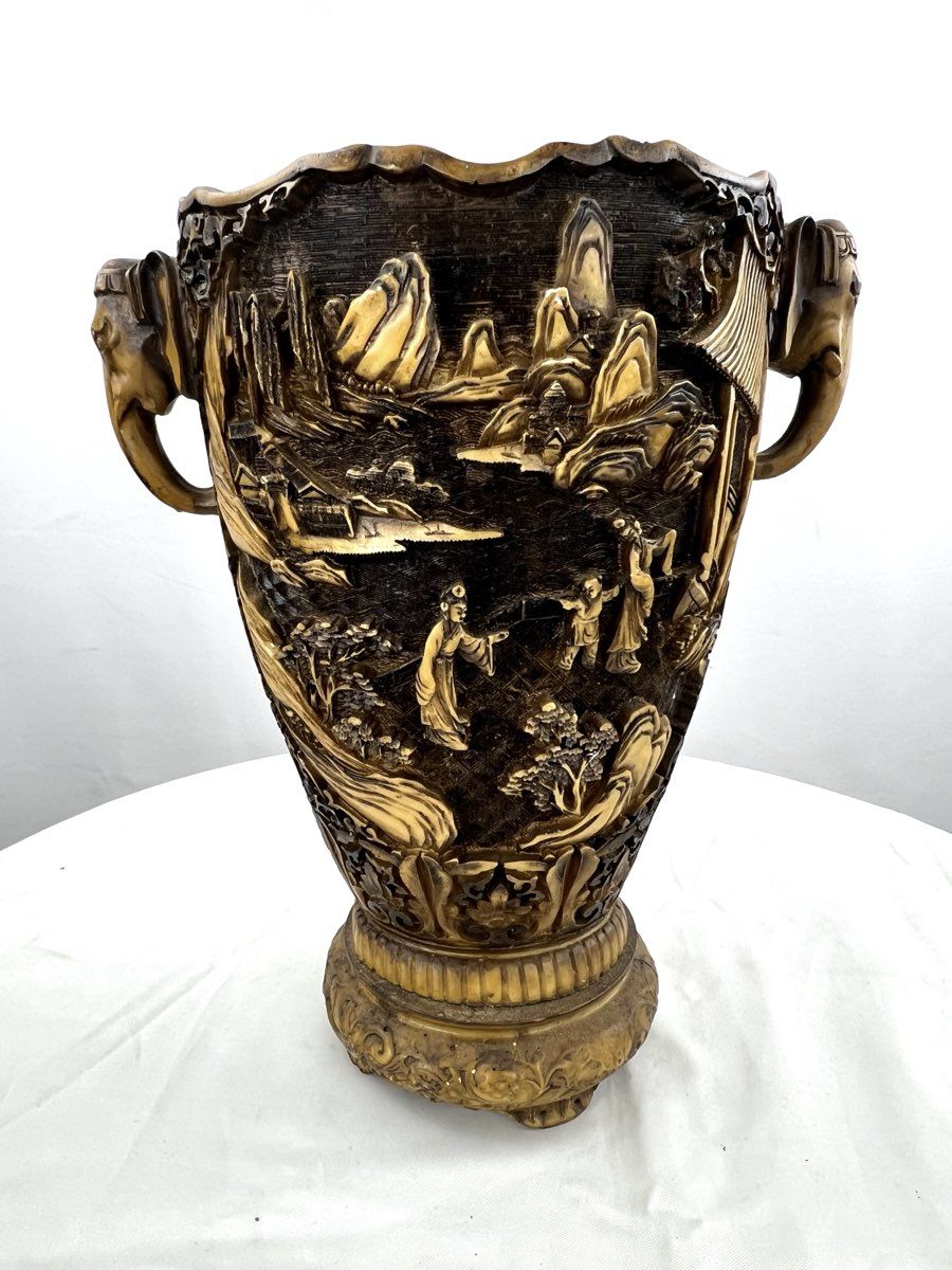 Vintage Chinese Hand Carved Resin/Soapstone Oriental Vase Elephant Handles ~12in