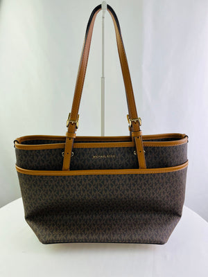 Michael Kors Signature Winston Large Top Zip Tote Bag Brown Acorn Coated Canvas