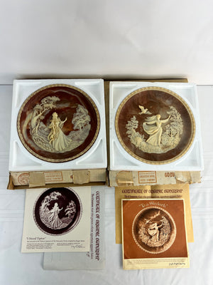 Set of 2 Vintage Incolay Stone Cameo Collectors Sculptured Plates Romantic Poets