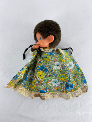 Vintage 1974 Monchhichi Sekiguchi 8" Doll Monkey Blue Eyes Floral Dress Lace