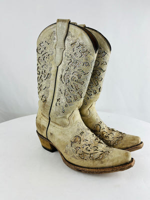 CORRAL 7520 Creamy White Leather Glitter Inlay Western Cowgirl Boots Teens 4